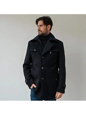 Warm Wool-Blend Classic Navy Blue Pea Coat Quilted Lined Size S